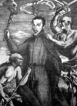Imagen que muestra el asesinato del sacerdote jesuita Diego Luis de San Vitores a manos de Mata'pang a la derecha y Hurao a la izquierda.
