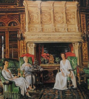 Archivo:Mrs. Cornelius Vanderbilt, II and her daughters, Gladys and Gertrude, having tea in the libtary at the Breakers Newport, Rhode Island