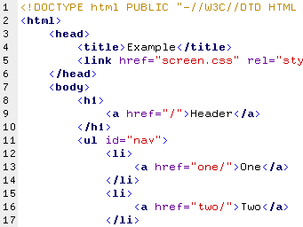 Un ejemplo de código HTML con resaltado de sintaxis.