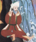 Abu Bakr und Muhammad finden Zuflucht in der Höhle Thaur (aus Siyer-i-Nebi 1595 n.Chr.) (Abu Bakr).jpg