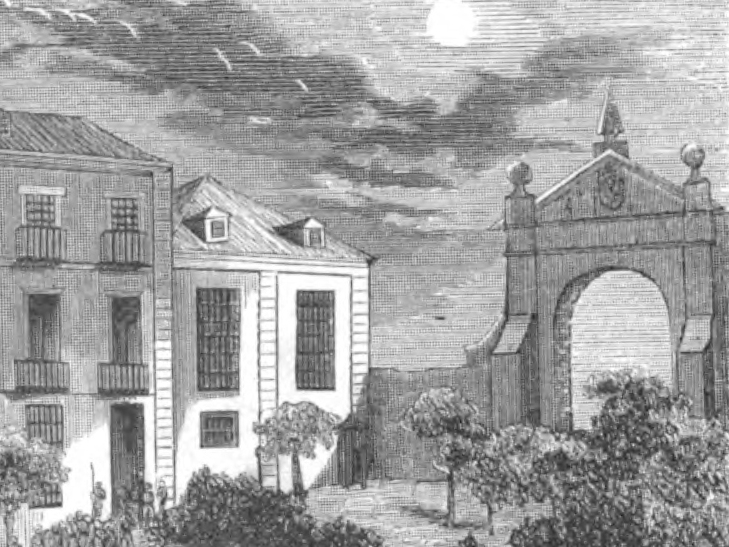 1860, Los misterios del Saladero, Ceferino Tresserra, Vista de la cárcel del Saladero (cropped) Puerta de Santa Bárbara.jpg
