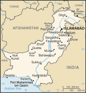 El río Indo en Pakistán, situación de las ciudades cercanas.