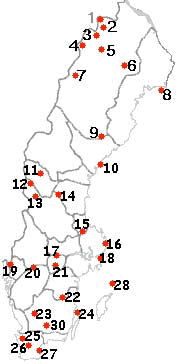 Mapa de los parques nacionales de Suecia. El n.º 18 corresponde al parque nacional Tyresta