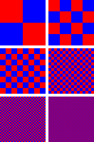 Un ejemplo de tramado. El rojo y el azul son los únicos colores utilizados, pero a medida que los píxeles se hacen más pequeños, el parche parece violeta.