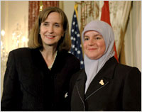 Paula Dobriansky, Under Secretary of State for Democracy and Global Affairs with Shatha Abdul Razzak Abbousi of Iraq March 7 2007 in Washington.jpg