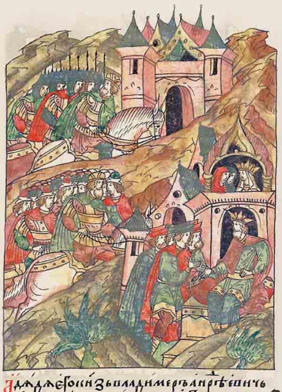 Flight of Vladimir Mstislavich to Hungary; Vladimir with his brother-in-law, Géza II of Hungary, and his wife and sister of Vladimir, Euphrosyne of Kiev
