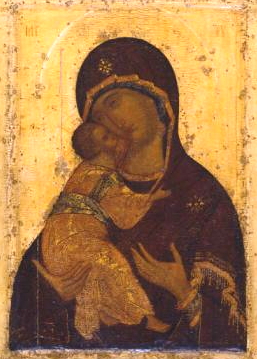 Archivo:Vladimirskaya by A.Rublev (1395-1410s, Vladimir museum) detail