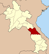 Mapa de Laos donde se señala en color rojo la Provincia de Khammouan, donde en el año 2001 se descubrió el primer ejemplar de Heteropoda maxima.