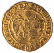 Archivo:Doble ducado de Juana y Carlos con las armas de Aragón (anverso)
