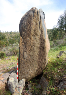 El sitio megalítico de La Torre-La Janera (Huelva)- monumentalidades prehistóricas del Bajo Guadiana - Menhir. Cara frontal oeste con grabados.jpg