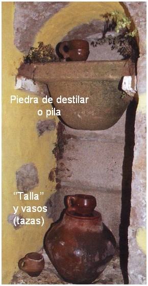 Archivo:Pila, talla y tazas de alfarería canaria (destiladera).