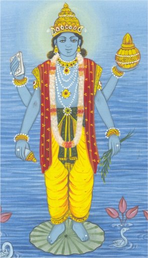 Imagen del médico Dhanwantari, avatar del dios Visnú y como él, representado con cuatro brazos. Los hinduistas creen en el origen divino de la medicina ayurvédica.