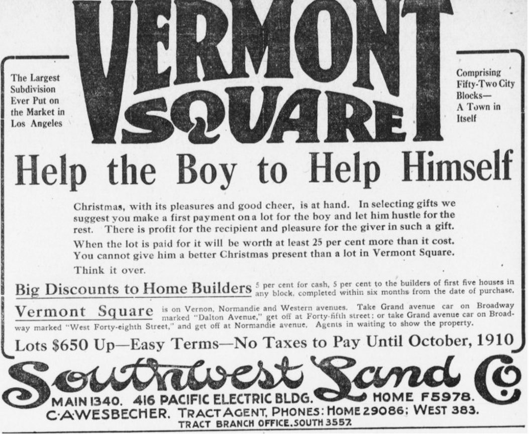 Archivo Advert for Vermont Square tract of Los Angeles, 1909