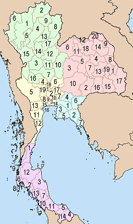 Mapa de Tailandia con la enumeración de las 75 provincias y Bangkok.