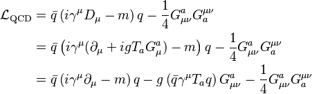 \begin{align}
\mathcal{L}_\mathrm{QCD} 
& = \bar{q}\left(i \gamma^\mu D_\mu - m \right) q - \frac{1}{4}G^a_{\mu \nu} G^{\mu \nu}_a \\
& = \bar{q}\left(i \gamma^\mu (\partial_\mu + i g T_a G^a_\mu ) - m \right) q - \frac{1}{4}G^a_{\mu \nu} G^{\mu \nu}_a \\
& = \bar{q}\left(i \gamma^\mu \partial_\mu - m \right) q - g \left(\bar{q} \gamma^\mu T_a q \right) G^a_{\mu\nu} - \frac{1}{4}G^a_{\mu \nu} G^{\mu \nu}_a \\
\end{align}
