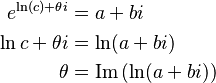 \begin{align}
e^{\ln(c) + \theta i} & = a + bi \\
\ln c + \theta i & = \ln(a + bi) \\
\theta & = \operatorname{Im}\left( \ln(a + bi) \right)
\end{align}