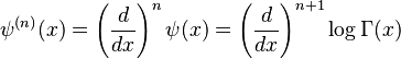 \psi^{(n)}(x) = \left(\frac{d}{dx}\right)^n \psi(x) = \left(\frac{d}{dx}\right)^{n+1} \log\Gamma(x)