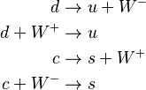 \begin{align}
        d &\to u + W^- \\
  d + W^+ &\to u \\
        c &\to s + W^+ \\
  c + W^- &\to s
\end{align}