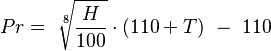 Pr=\ \sqrt[8]{\frac{H}{100}} \cdot (110 + T)\ -\ 110