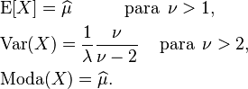 
\begin{align}
    &\operatorname{E}[X]=\widehat{\mu}\quad \quad \quad \text{para }\,\nu > 1 ,\\
    &\operatorname{Var}(X)=\frac{1}{\lambda}\frac{\nu}{\nu-2}\, \quad \text{para }\,\nu > 2 ,\\
    &\operatorname{Moda}(X)=\widehat\mu .
\end{align}
