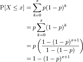 \begin{align}
    \operatorname{P}[X\leq x]
    &=\sum_{k=0}^xp(1-p)^k \\
    &=p\sum_{k=0}^x(1-p)^k \\
    &=p\left(\frac{1-(1-p)^{x+1}}{1-(1-p)}\right) \\
    &=1-(1-p)^{x+1}
\end{align}