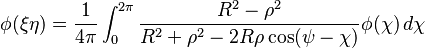  \phi(\xi \eta) = {1\over 4 \pi} \int _0^{2\pi}
     {R^2 - \rho^2\over R^2 + \rho^2 - 2R \rho \cos (\psi - \chi) } \phi
     (\chi)\, d \chi \; 
