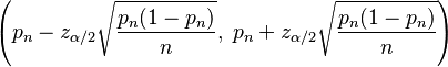 \left(p_n - z_{\alpha/2}\sqrt{\frac{p_n(1-p_n)}{n}}, \; p_n + z_{\alpha/2}\sqrt{\frac{p_n(1-p_n)}{n}}\right)