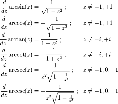 \begin{align}
\frac{d}{dz} \arcsin(z) &{} = \frac{1}{\sqrt{1-z^2}} \; ;   &z &{}\neq -1, +1 \\
\frac{d}{dz} \arccos(z) &{} = -\frac{1}{\sqrt{1-z^2}} \; ;  &z &{}\neq -1, +1 \\
\frac{d}{dz} \arctan(z) &{} = \frac{1}{1+z^2} \; ;          &z &{}\neq -i, +i\\
\frac{d}{dz} \arccot(z) &{} = -\frac{1}{1+z^2} \; ;         &z &{}\neq -i, +i \\
\frac{d}{dz} \arcsec(z) &{} = \frac{1}{z^2 \sqrt{1 - \frac{1}{z^{2}}}} \; ;   &z &{}\neq -1, 0, +1 \\
\frac{d}{dz} \arccsc(z) &{} = -\frac{1}{z^2 \sqrt{1 - \frac{1}{z^{2}}}} \; ;  &z &{}\neq -1, 0, +1
\end{align}