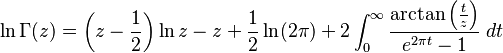 
\ln\Gamma(z)=\left(z-\frac{1}{2}\right)\ln z-z+\frac{1}{2}\ln(2\pi)+2\int_0^\infty\frac{\arctan\left(\frac{t}{z}\right)}{e^{2\pi t}-1}\;dt
