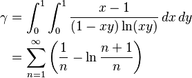  \begin{align}
    \gamma
    &=\int_0^1\int_0^1\frac{x-1}{(1-xy)\ln(xy)}\,dx\,dy \\
    &=\sum_{n=1}^\infty\left(\frac{1}{n}-\ln\frac{n+1}{n} \right )
\end{align} 