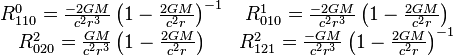 \begin{matrix}
R^0_{110}= \frac{-2GM}{c^2r^3}\left(1-\frac{2GM}{c^2r}\right)^{-1} &
R^1_{010}= \frac{-2GM}{c^2r^3}\left(1-\frac{2GM}{c^2r}\right) \\
R^2_{020}= \frac{GM}{c^2r^3}\left(1-\frac{2GM}{c^2r}\right) &
R^2_{121}=\frac{-GM}{c^2r^3}\left(1-\frac{2GM}{c^2r}\right)^{-1} \end{matrix}