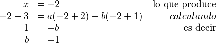 
\begin{array}{rlr}
 x    & =-2 & \; \mbox{lo que produce}\\
 -2+3 & = a (-2+2)+b(-2+1) & \; calculando\\
 1    & = -b  & \; \mbox{ es decir}\\
 b    & = -1
\end{array}

