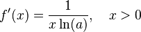 f'(x)= \frac{1}{x\ln(a)},\quad x>0