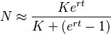 N \approx \frac{Ke^{rt}}{K+(e^{rt}-1)}