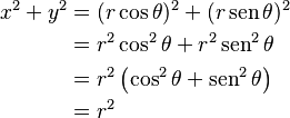 \begin{align}
    x^2+y^2
    &=(r\cos\theta)^2+(r\sen\theta)^2 \\
    &=r^2\cos^2\theta+r^2\sen^2\theta \\
    &=r^2\left(\cos^2\theta+\sen^2\theta\right) \\
    &=r^2
\end{align}