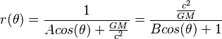 r(\theta)={1 \over Acos(\theta) + {GM\over c^2}}={{c^2 \over GM} \over Bcos(\theta) +1}