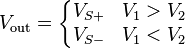  V_{\rm out} = \left\{\begin{matrix} V_{S+} & V_1 > V_2 \\ V_{S-} & V_1 < V_2 \end{matrix}\right. 