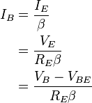 \begin{align} I_B & = \frac {I_E}{\beta}\\&=\frac {V_E}{R_E \beta}\\&=\frac {V_B - V_{BE}}{R_E \beta}\end{align}