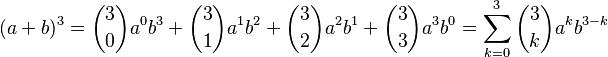 (a+b)^3= \binom{3}{0} a^0b^3 + \binom{3}{1} a^1b^2 + \binom{3}{2} a^2b^1 + \binom{3}{3} a^3b^0 = \sum_{k=0}^3 \binom{3}{k} a^k b^{3-k}