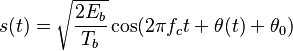 
s(t) = \sqrt{\frac{2E_b}{T_b}} \cos(2\pi f_ct+\theta (t) + \theta_0)
