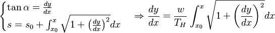 \begin{cases} \tan \alpha = \frac{dy}{dx} \\
s = s_0 + \int_{x_0}^x \sqrt{1+ \left( \frac{dy}{dx} \right)^2}dx \end{cases}
\Rightarrow \frac{dy}{dx} =
\frac{w}{T_H} \int_{x_0}^x \sqrt{1+ \left( \frac{dy}{dx} \right)^2}dx