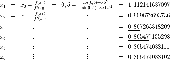 \begin{matrix}
  x_1 & = & x_0 - \frac{f(x_0)}{f'(x_0)} & = & 0,5 - \frac{\cos(0,5) - 0,5^3}{-\sin(0,5) - 3 \times 0,5^2} & = & 1,112141637097 \\
  x_2 & = & x_1 - \frac{f(x_1)}{f'(x_1)} & & \vdots & = & \underline{0},909672693736 \\

  x_3 & & \vdots & & \vdots & = & \underline{0,86}7263818209 \\

  x_4 & & \vdots & & \vdots & = & \underline{0,86547}7135298 \\

  x_5 & & \vdots & & \vdots & = & \underline{0,8654740331}11 \\

  x_6 & & \vdots & & \vdots & = & \underline{0,865474033102}
\end{matrix}

