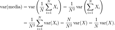 
\begin{align}
\operatorname{var}(\text{media})
 &= \operatorname{var}\left (\frac{1}{N} \sum_{i=1}^N X_i \right)
   = \frac{1}{N^2}\operatorname{var}\left (\sum_{i=1}^N X_i \right ) \\
 &= \frac{1}{N^2}\sum_{i=1}^N \operatorname{var}(X_i)
   = \frac{N}{N^2} \operatorname{var}(X)
   = \frac{1}{N} \operatorname{var} (X).
\end{align}
