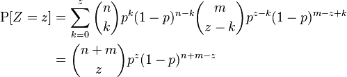 \begin{align}
    \operatorname{P}[Z=z] 
    & =\sum_{k=0}^{z}\binom{n}{k}p^{k}(1-p)^{n-k}\binom{m}{z-k}p^{z-k}(1-p)^{m-z+k} \\
    & =\binom{n+m}{z}p^z(1-p)^{n+m-z}
\end{align}