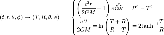 (t,r,\theta,\phi) \mapsto (T,R,\theta,\phi) \qquad \begin{cases}
\left(\cfrac{c^2r}{2GM}-1\right)e^{\frac{c^2r}{2GM}} = R^2 - T^2 \\ \cfrac{c^3t}{2GM} = \ln\left(\cfrac{T+R}{R-T}\right) = 2\mbox{tanh}^{-1}\cfrac{T}{R} \end{cases}