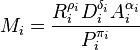 M_i = \frac{R_i^{\rho_i} D_i^{\delta_i} A_i^{\alpha_i}}{P_i^{\pi_i}} 