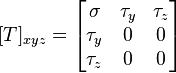  [T]_{xyz} = \begin{bmatrix}
  \sigma & \tau_{y} & \tau_{z} \\
  \tau_{y} & 0 & 0 \\
  \tau_{z} & 0 & 0
\end{bmatrix}