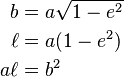 \begin{align}
 b      &= a \sqrt{1 - e^2} \\
 \ell   &= a (1 - e^2) \\
 a \ell &= b^2
\end{align}