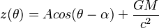 z(\theta)=Acos(\theta-\alpha)+{GM\over c^2}