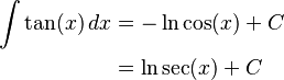 \begin{align}
    \int\tan (x) \,dx 
    &= -\ln{ \cos (x)} + C \\
    &=\ln \sec(x)+C
\end{align}